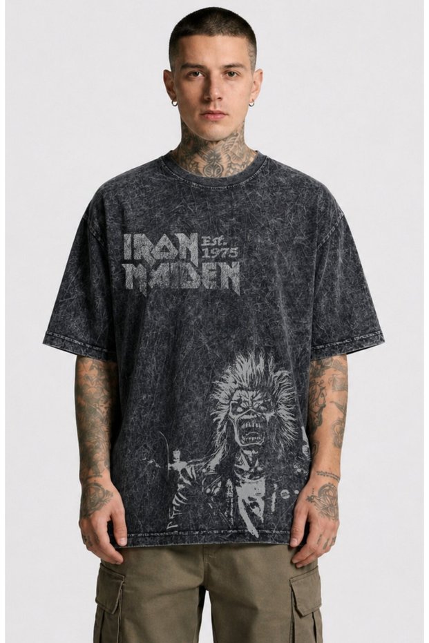Unisex Iron Maiden Est 1975 Printed Washable T-Shirt, Oversized Rock Band Themed Vintage T-Shirt