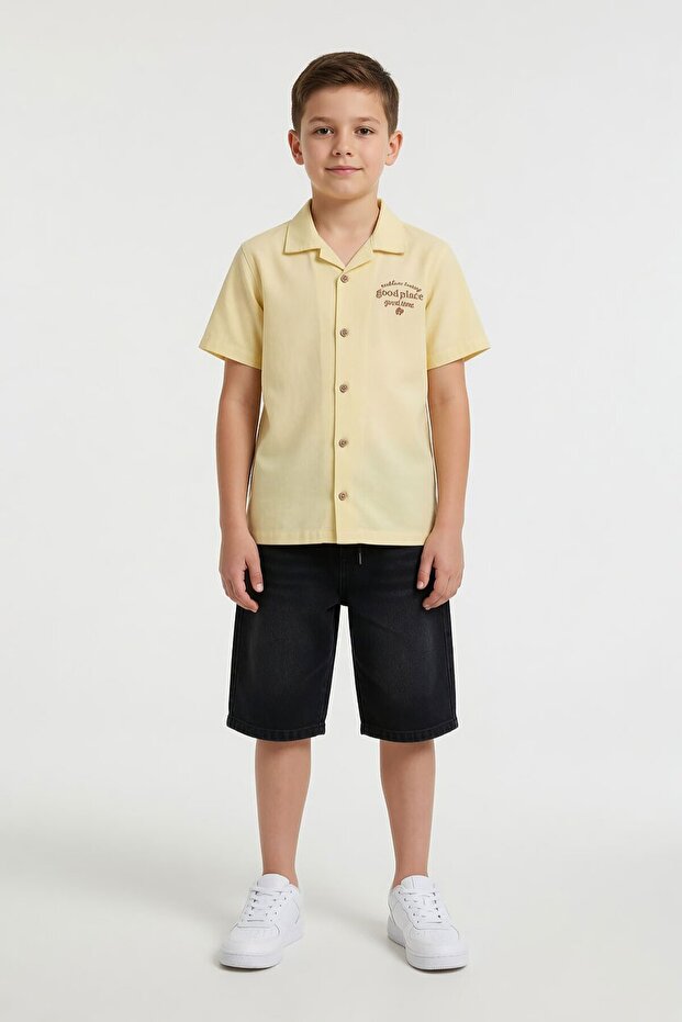 Yellow Back Patterned Short Sleeve Shirt and Jean Shorts Boys' 2-Piece Set 24027