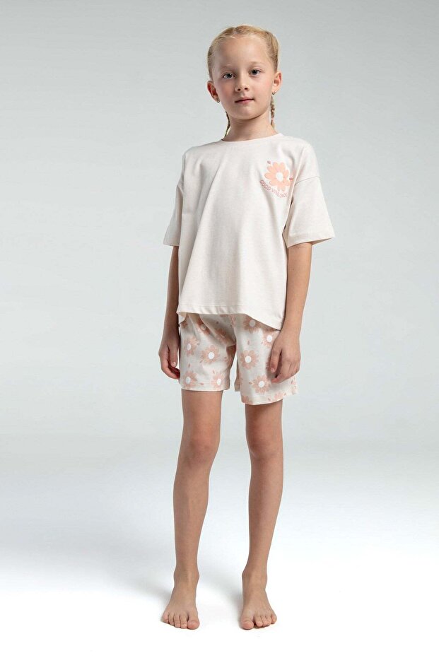 Girl's Good Vibes Print Shorts Set 8-15 Years Light Beige