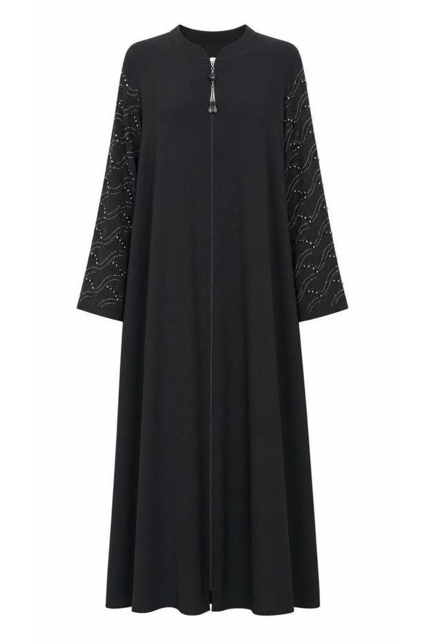Crystal Stone Detailed Sleeve Embroidered Honeycomb Fabric Black Robe