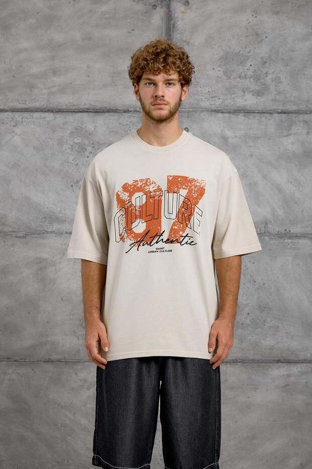 Men's T-Shirt Culture Print Washable Cream Oversize Printed Crew Neck Cotton