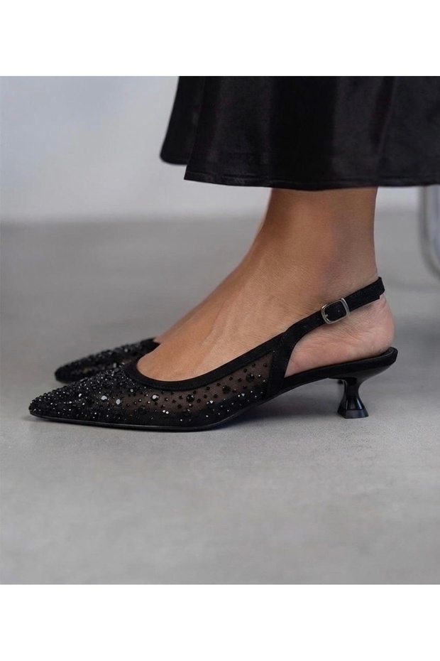 Women's Transparent Tulle Detailed Stone Embellished Low Heel Shoes