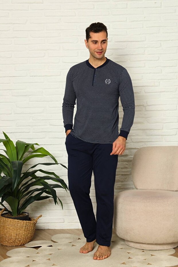 Men's Pajama Set - Navy Blue Long Sleeve Combed Cotton 1219Uy