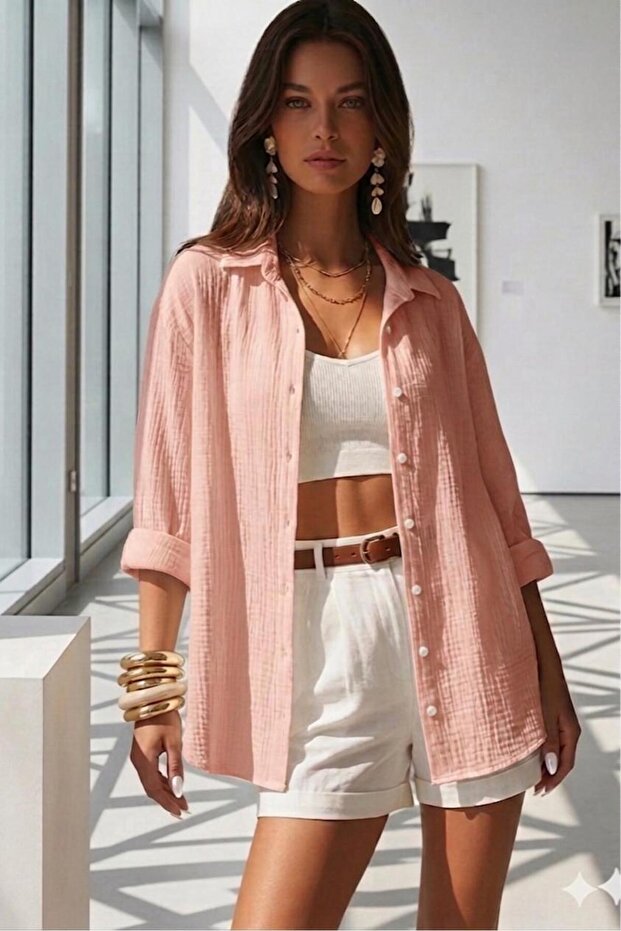 Women's Pink Wrinkled Fabric Oversize Shirt