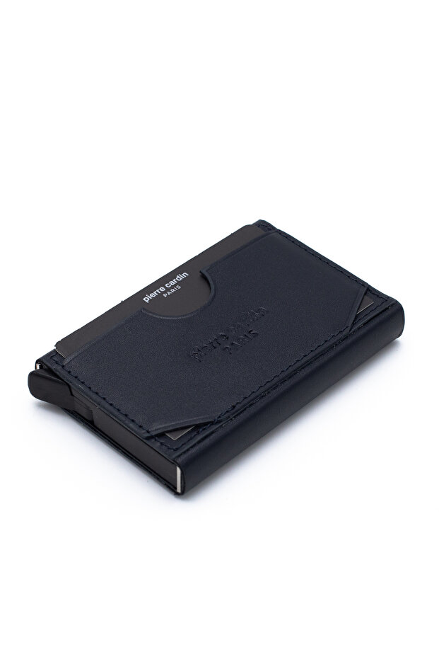 Navy Blue Unisex Automatic Leather Card Holder 0274L4Z