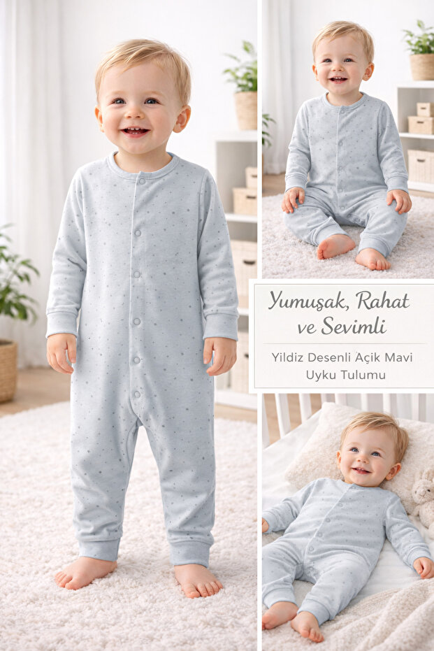 Isis Unisex Baby Star Patterned Long Sleeve Jumpsuit with Snap Fasteners