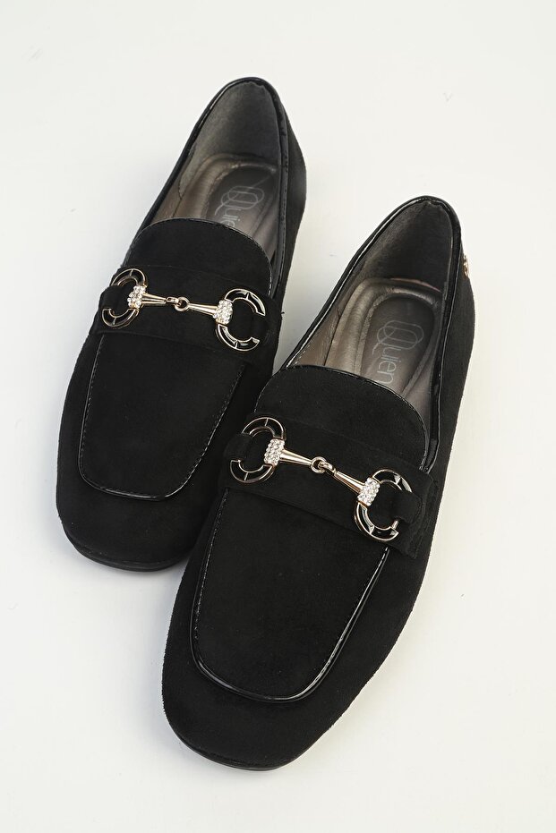 Women's Black Suede Loafer with Gold Buckle