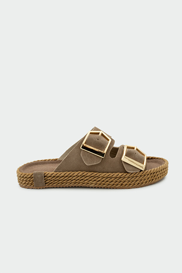 Pupil Double Buckle Genuine Leather Women's Mink Slippers