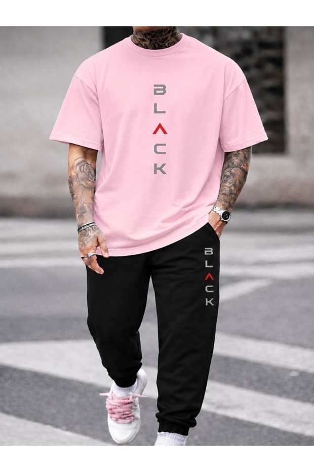 Unisex Wide-Let T-Shirt and Sweatpants Black Printed Set