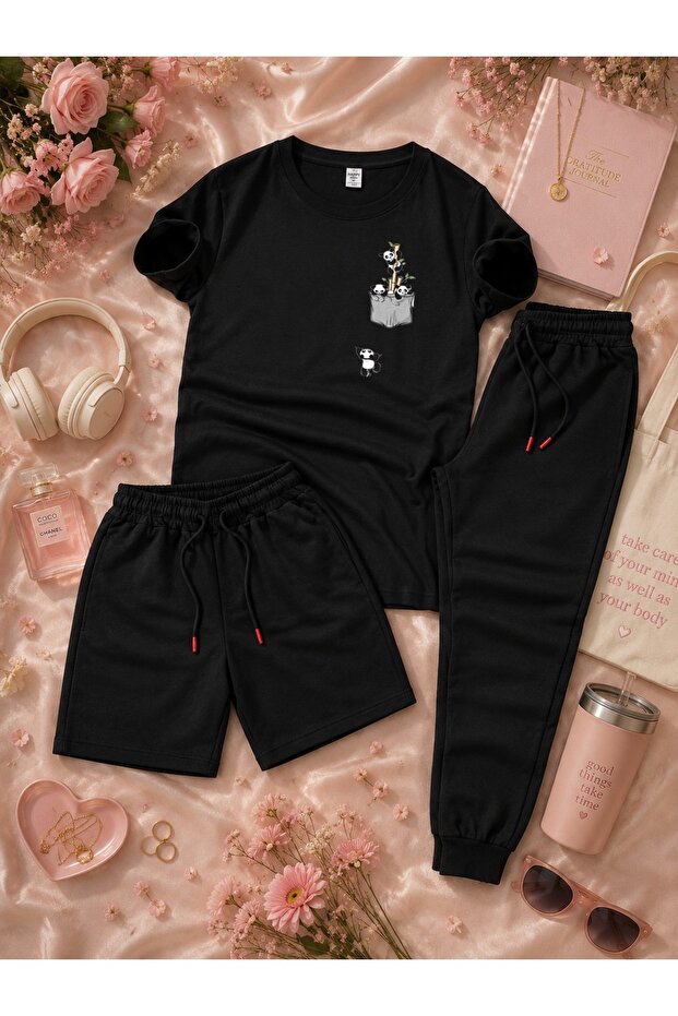 3-Piece Stylish Printed Black Tracksuit Set (Shorts-T-Shirt-Sweatpants)