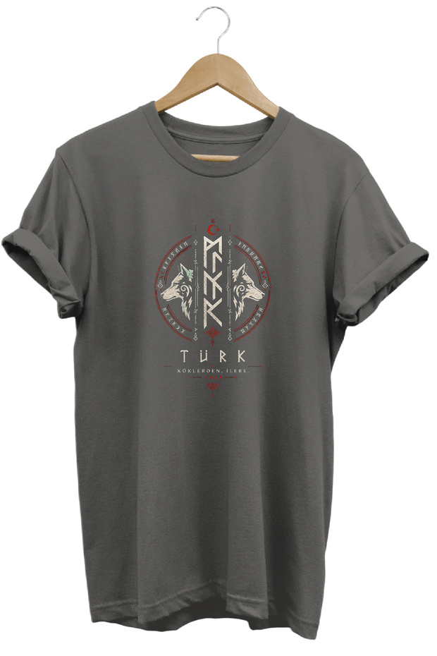Göktürkçe Turkish Written and Double Bozkurt Printed Special Design T-Shirt