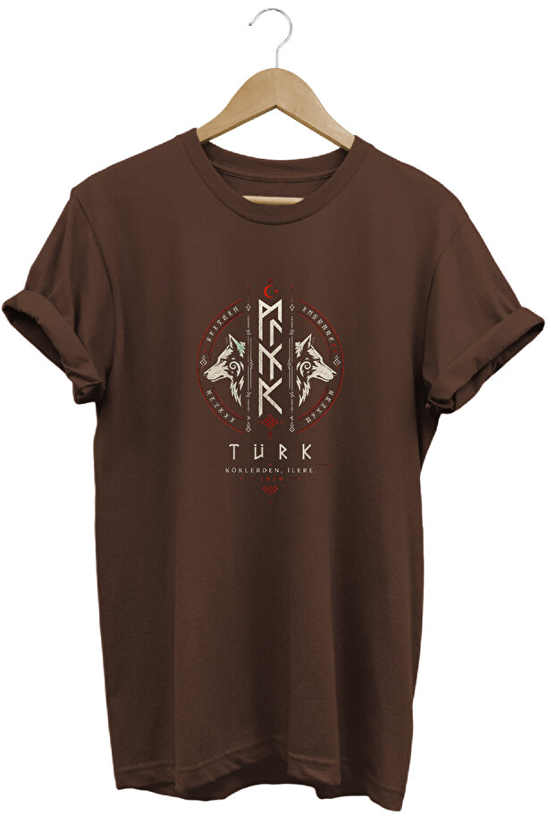 Göktürkçe Turkish Written and Double Bozkurt Printed Special Design T-Shirt