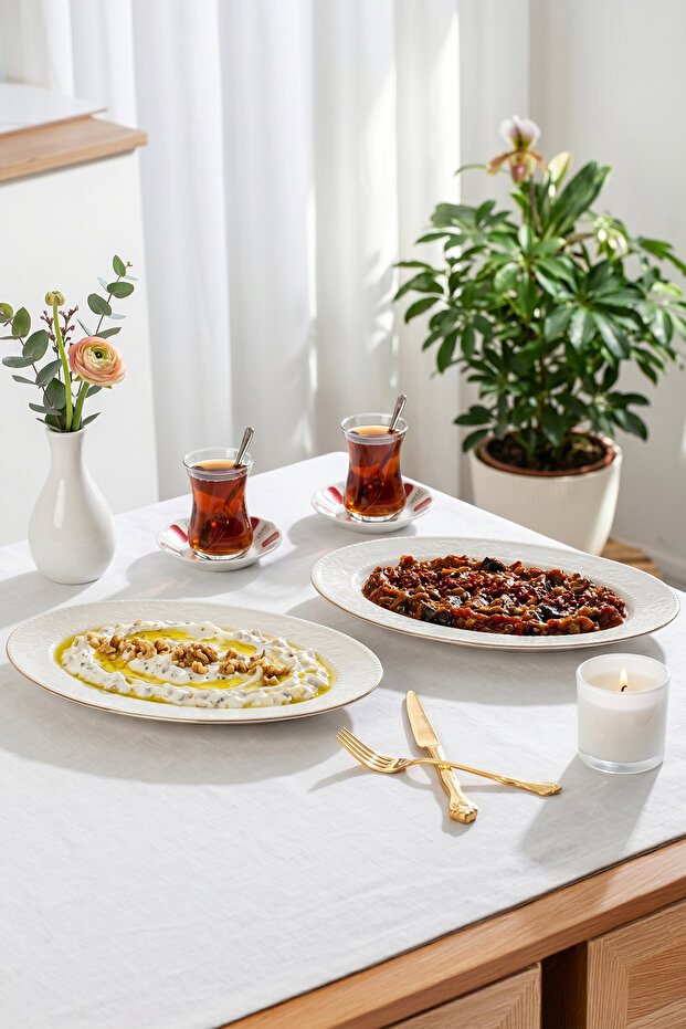 4455 Burçak Set of 2 Porcelain Gold Mesh Boat Plates - Oval Breakfast Serving Set 30cm