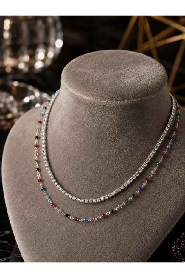 Anna Silver Double Waterway Zircon Stone & Colorful Beaded Chain Detailed Stylish Combination Women's Necklace Set
