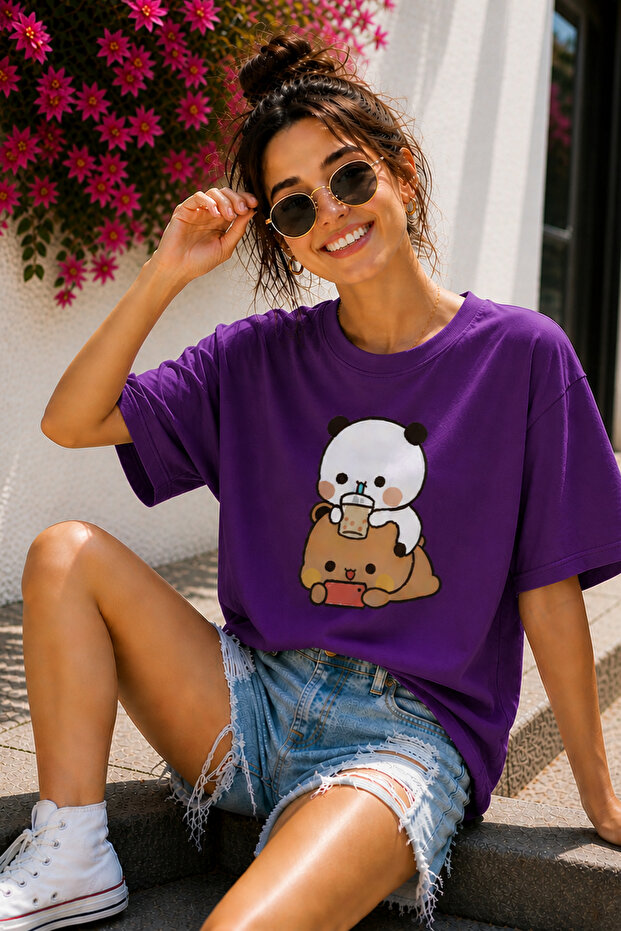 Bubu and Dudu Cute Teddy Bear Printed Unisex Oversize T-Shirt – Cotton Crew Neck T-Shirt