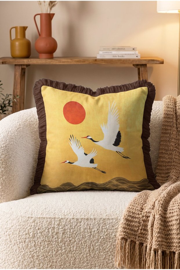Japanese Crane Bird and Red Sun Fringed Throw Pillow Cover - Far East Cover with Maroon Tassels