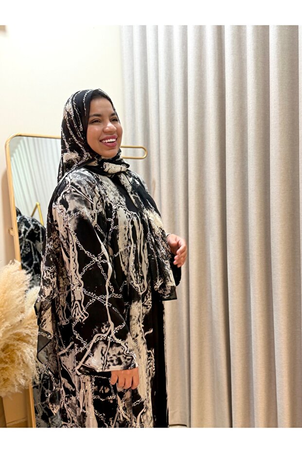 Black&white sequin stone embroidered Abaya&Hijab