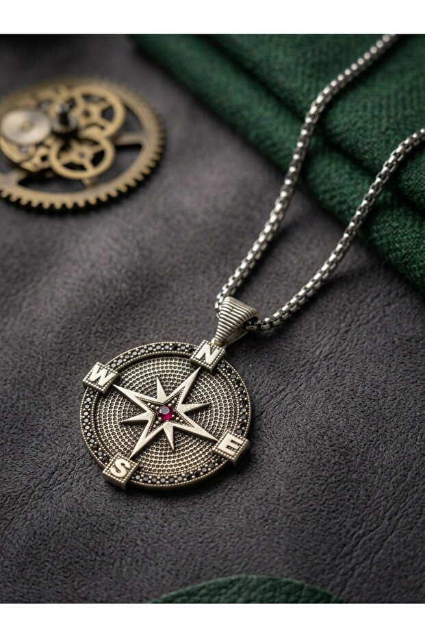 Antique Silver Color Men's Necklace with Red Stone Compass Figure