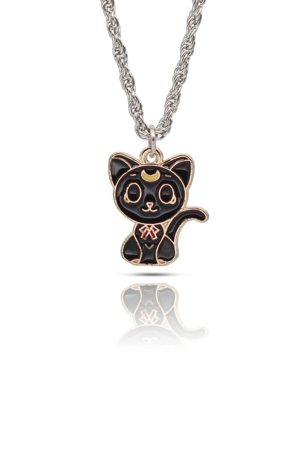 Luna Black Cat Necklace - Cute Cat Figured Necklace with a Crescent Moon - Black Enamel Twisted Chain