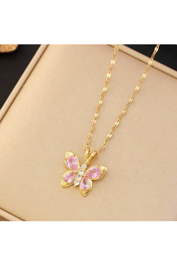 pink Elegant Pink Zircon Butterfly Necklace Women's Fashionable High-End Pendant Light Luxury Stainl