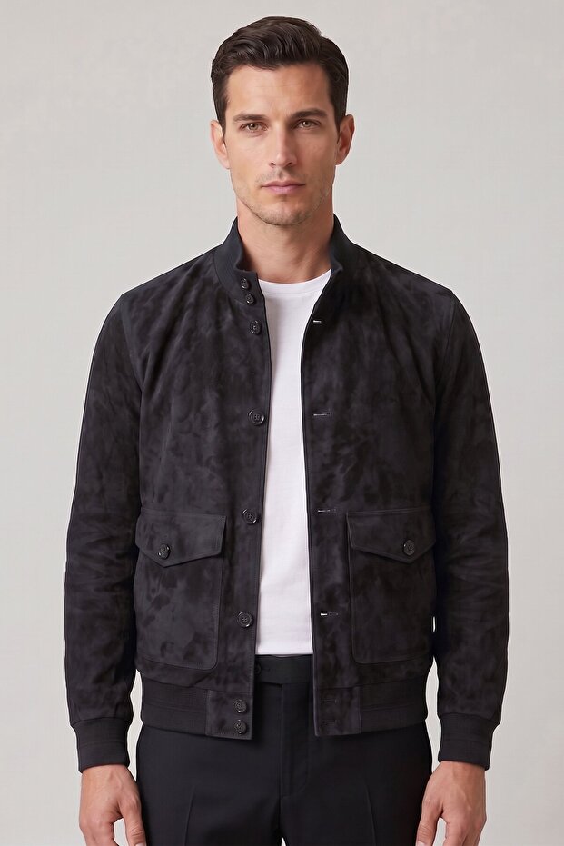 Anthracite Knox Men's Buttoned Lined Waist and Sleeve Tricot College Genuine Suede Coat