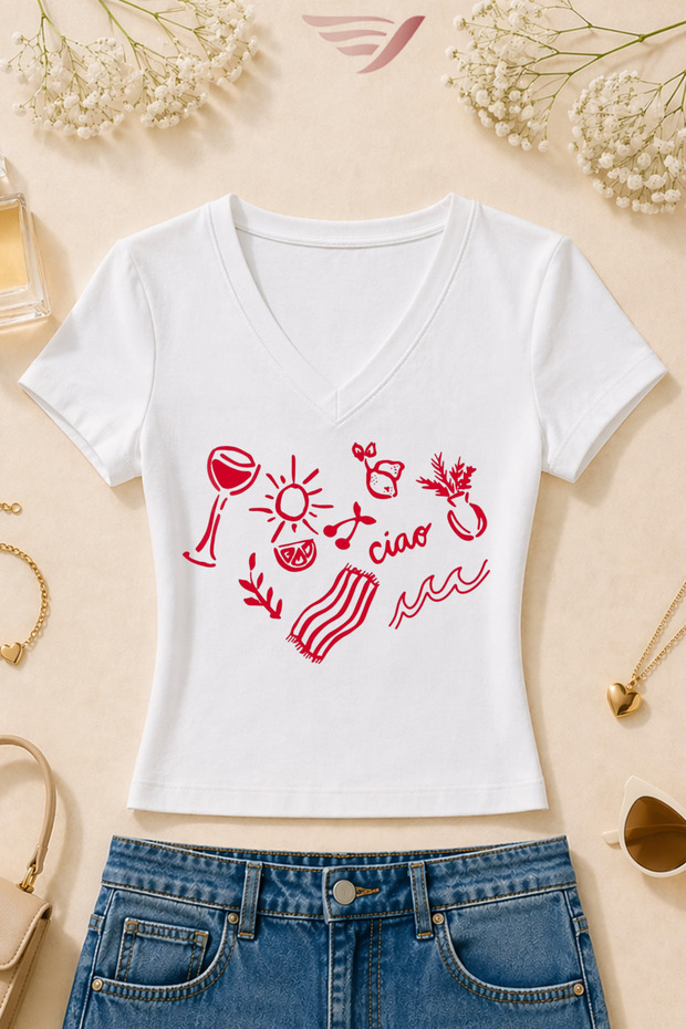 Women's Red Summer Printed Basic Daily Use V-Neck Slim Fit T-Shirt