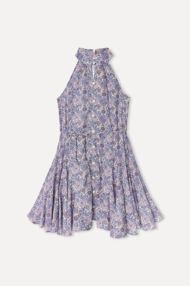 Women's Purple Patterned Ruffle Halter Neck Mini Dress