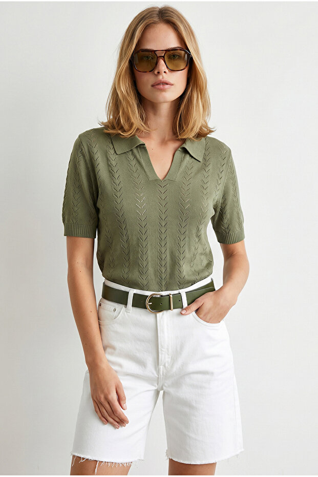Women's Khaki Viscose Polo Collar Openwork Draped Knitwear Blouse Blz-19003363