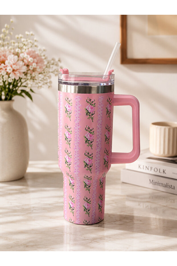 Hot and Cold Insulated Thermos Cup Flower Pattern Steel Thermos with Straw and Handle Thermos Mug