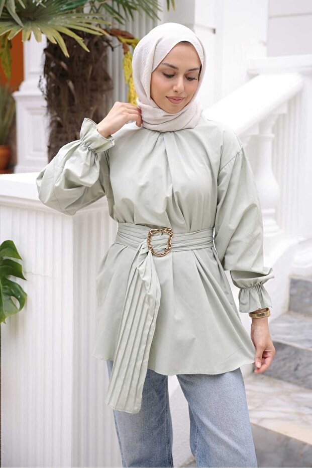 Mint Green Elastic Cuffed Belted Shirt