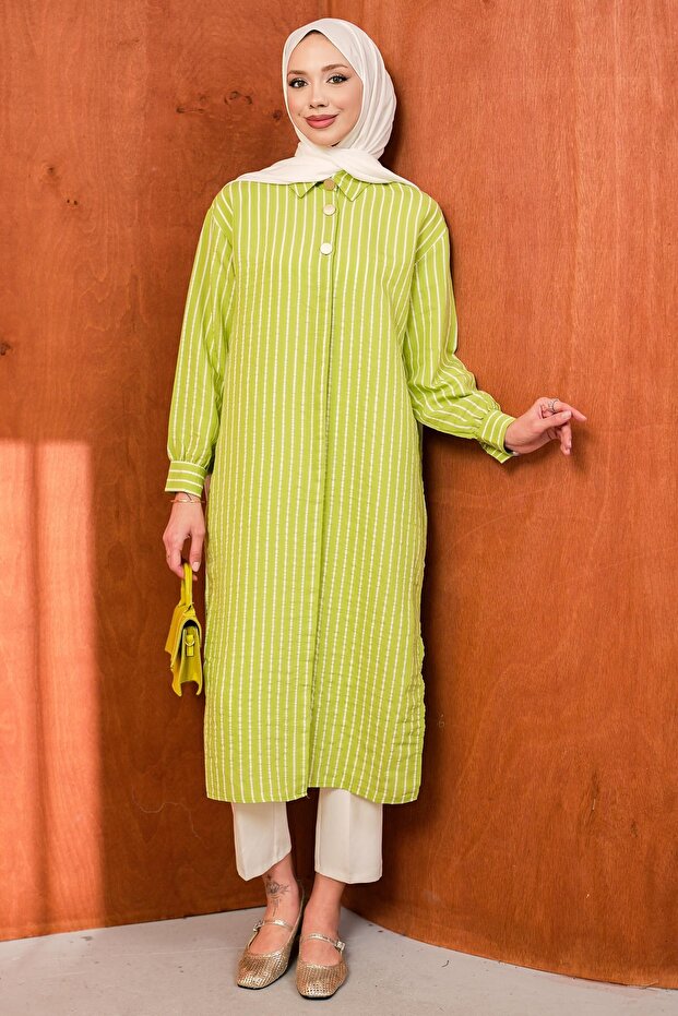 Green Striped Slit Long Tunic