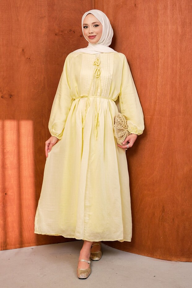 Yellow Bow Tie Dress with Ribbed Detail