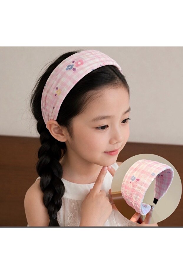 Pink Floral Girls Wide Crown Headband Pastel Plaid Pattern Soft Fabric Bandana Crown