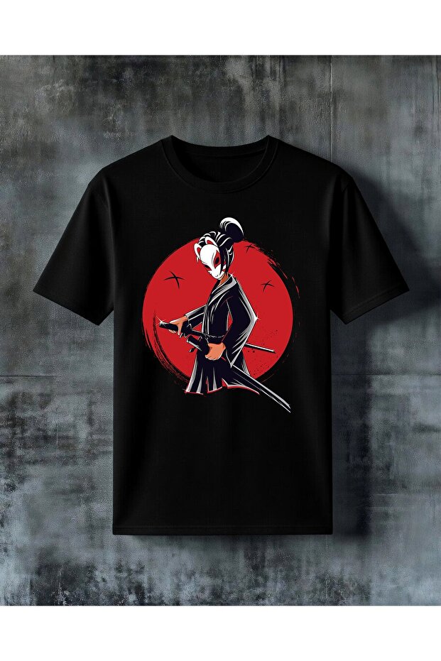 Samurai Red Moon Printed Oversize T-Shirt