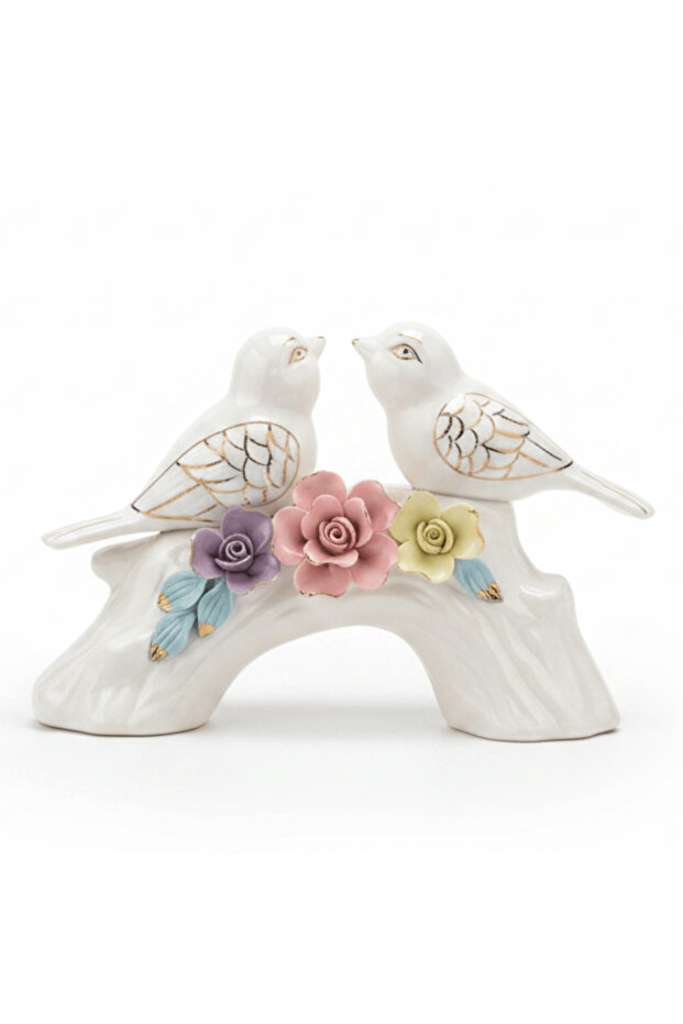 Elegant Floral Harmony White Ceramic Bird Pair Table Décor Showpiece for Living Room – 23×18 cm