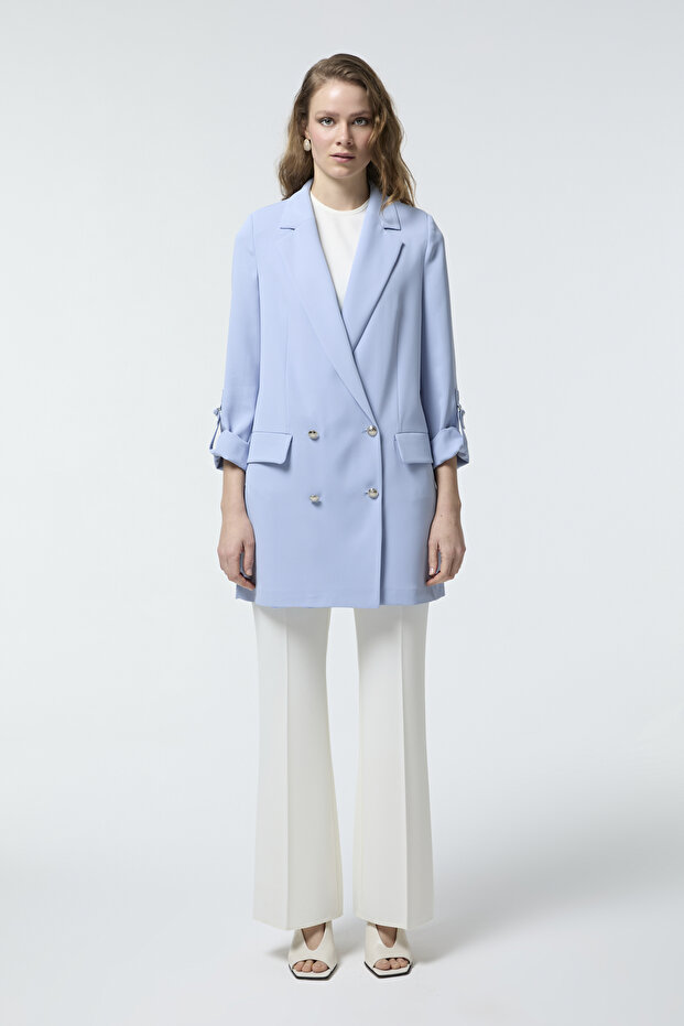 Double-Breasted Collar Sleeve Detail Gray/Blue Jacket 0002