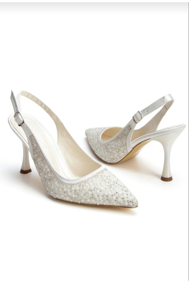 Women's Ecru Pearl-Detailed Open-Back Evening Shoes