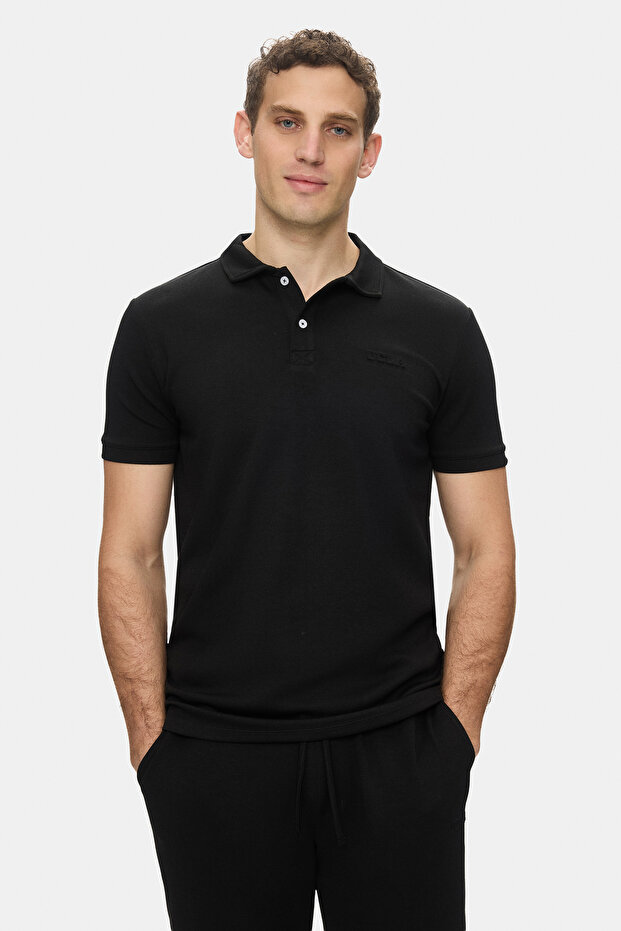 Oscar Black Polo Collar Gofre Printed Soft Textured Modal Fabric Standard Fit Men's Tshirt