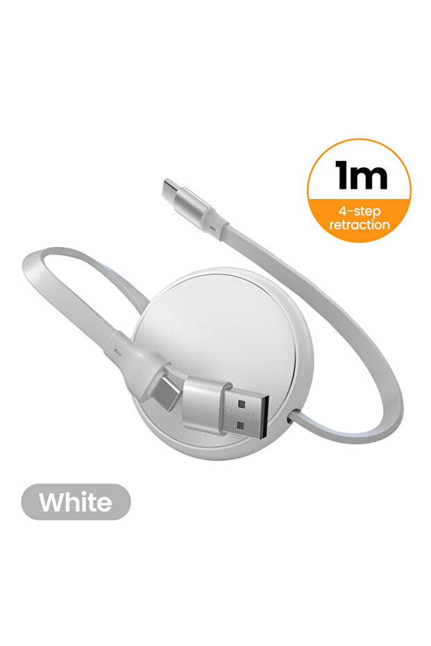 كابل USB-C قابل للسحب بطول 1 متر، أبيض، 240 واط، 2 في 1، USB-A/Type C إلى Type C، كابل شحن سريع للسيارة