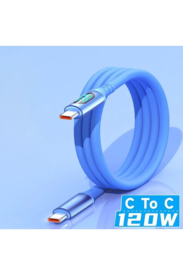 كابل PDTypeC بطول 2 متر أزرق اللون 120 واط، كابل USB C إلى Type C للشحن السريع مع شاشة رقمية، مصنوع من السيليكون المقاوم للكسر