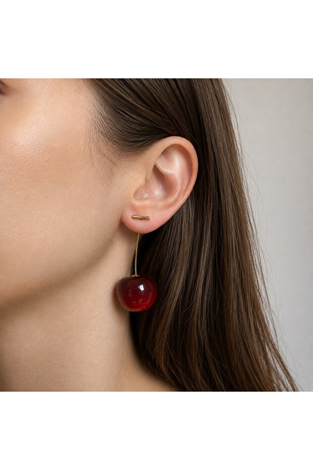 Cherry Steel Earrings with Dangle Rose (Guaranteed Not to Tarnish)