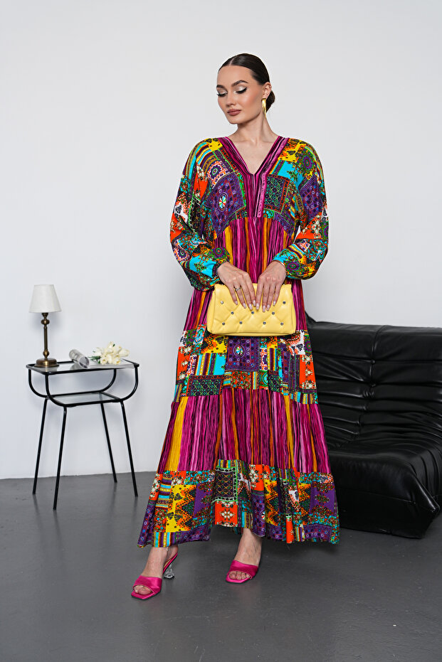 Full Length Patchwork Long Sleeve Dress - 7