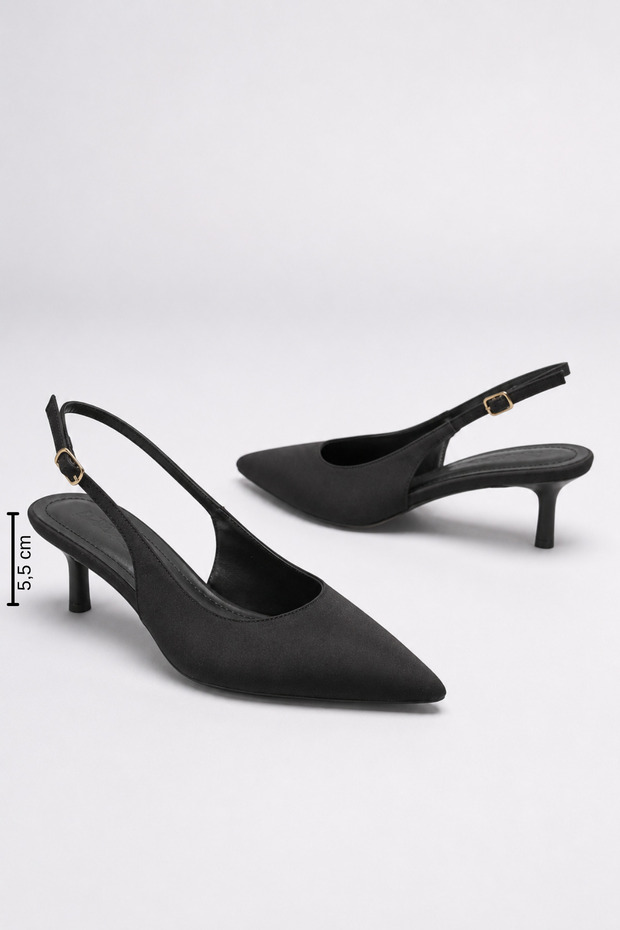 Women's Black Satin Pointed Toe 5.5 cm Heeled Elegant Event Shoes with Thin Straps