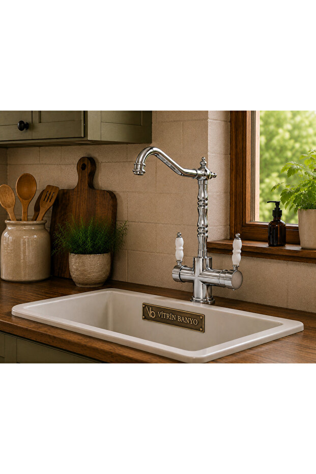Country Model Kitchen Sink Faucet Chrome - Double Inlet Decorative Rustic Faucet