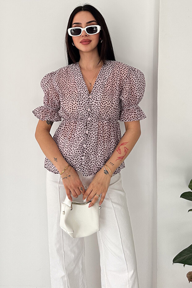 Women's Polka Dot Chiffon Blouse V-Neck Buttoned Balloon Sleeve Blouse