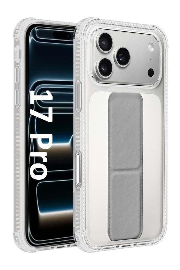 Finger Grip Clear Case Cover for iPhone 17 Pro- Kickstand Car Magnetic Holder Multi-function Protective Two-in-one Case - Grey