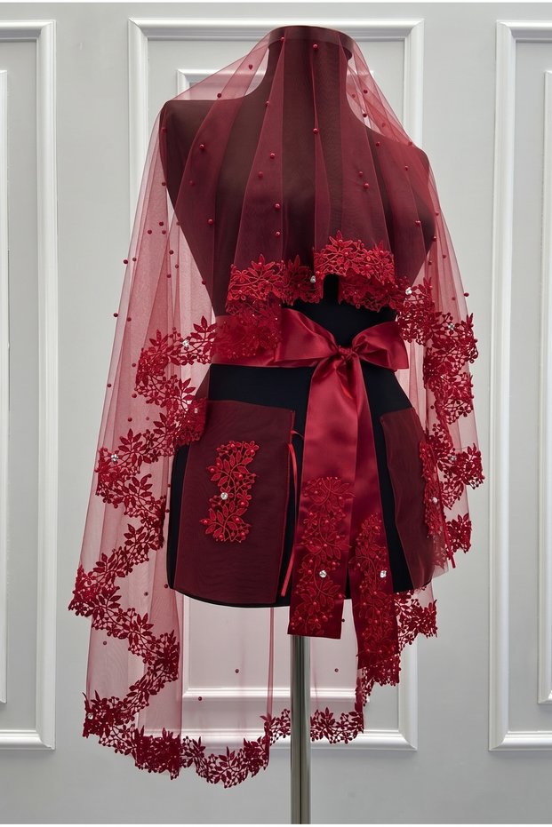 Burgundy Bridal Veil Set, Laced, Shiny Stone and Pearl Decorated Henna Night Veil and Head Cover, 6 Pieces