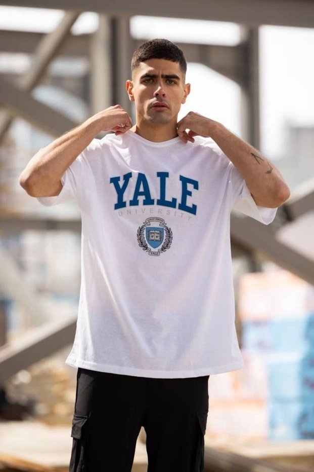 Men's Short Sleeve Summer T-Shirt Crew Neck Yale Printed T-Shirt - White