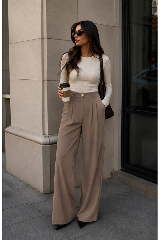 Gold Button Detail Pleated Palazzo Trousers
