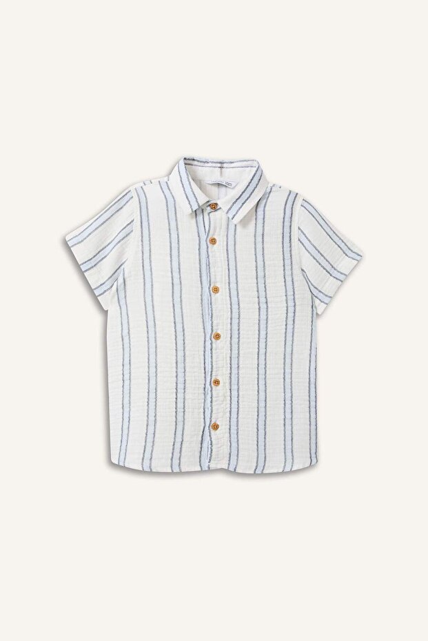 100% Cotton Striped Muslin Short Sleeve Shirt Ecru Baby Boy H8041A526Hs